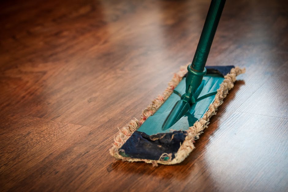 A handheld vacuum cleaner with a black body, red accents, and a silver and black extension tube is positioned on a wooden floor near the edge of a patterned area rug. The wooden floor features a natur